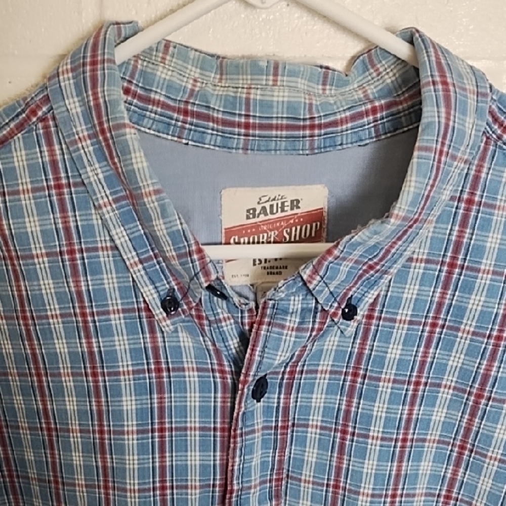 Eddie Bauer Sports Shop Men's Blue Plaid Work Shirt Pocket Cotton - Picture 12 of 13